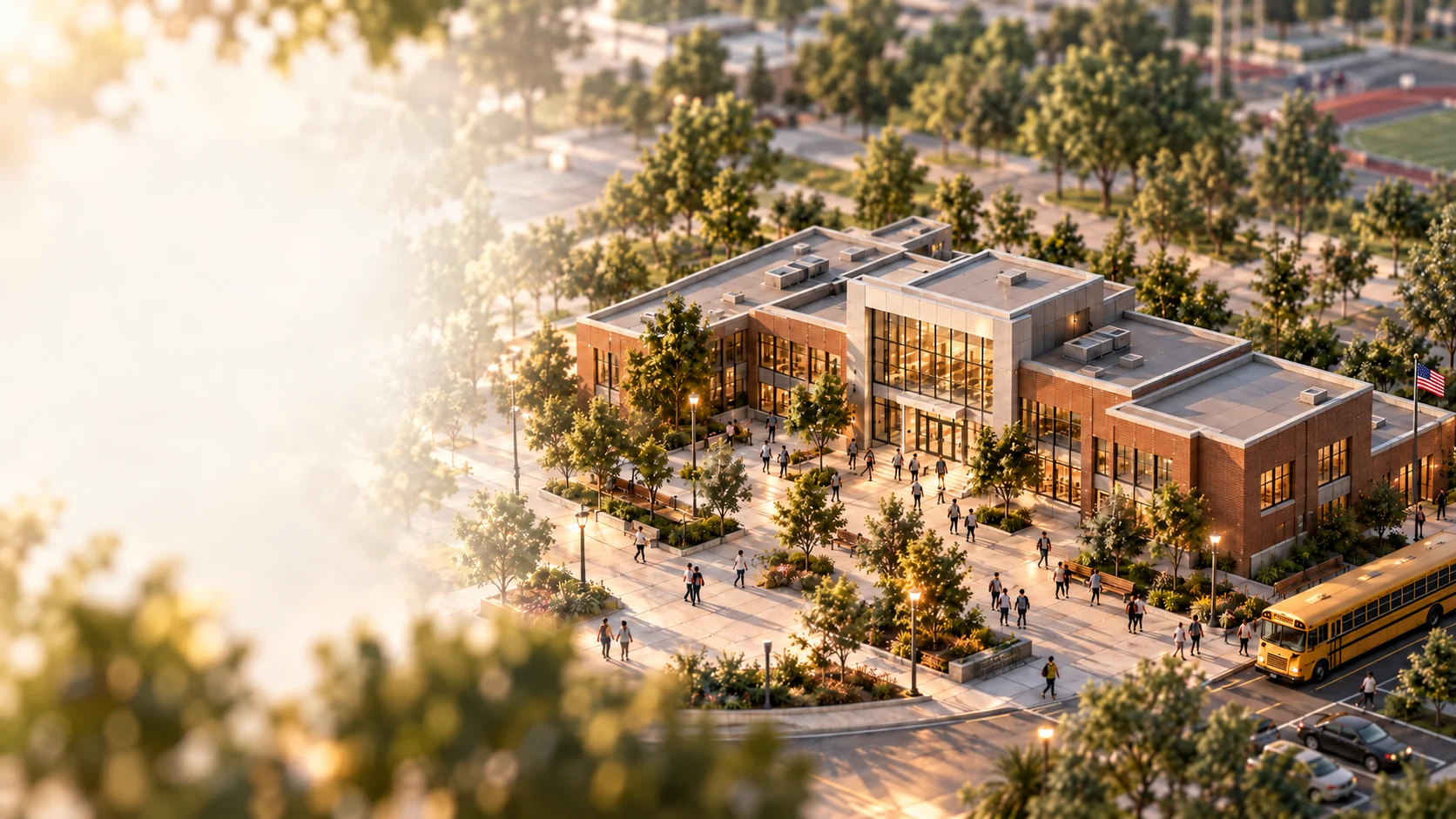 Architectural illustration of a high school at golden hour, with a welcoming central entrance, students and a school bus.