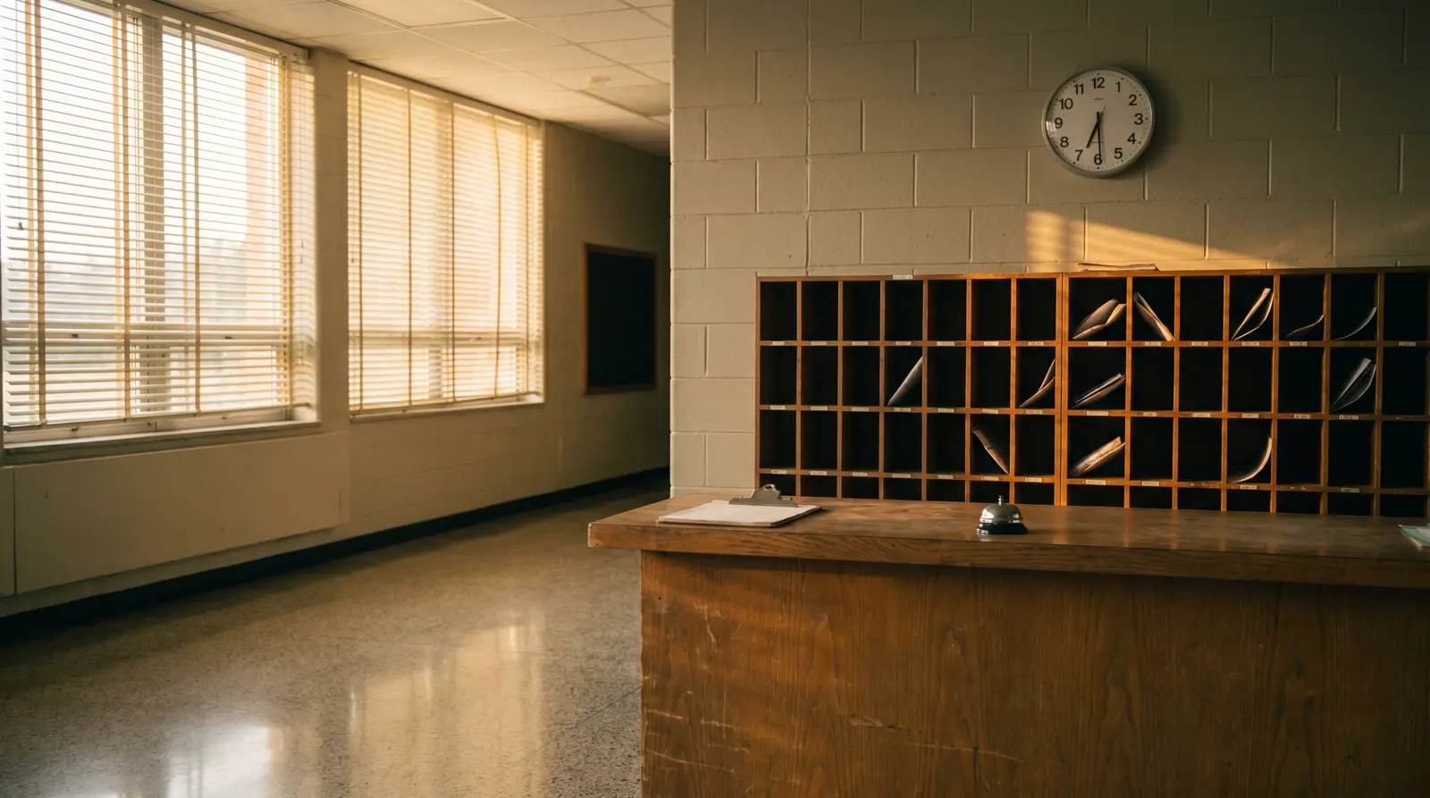 A high-school main office before first bell: wooden front counter with a sign-in clipboard and bell, teacher mailboxes, wall clock, morning light through the blinds.