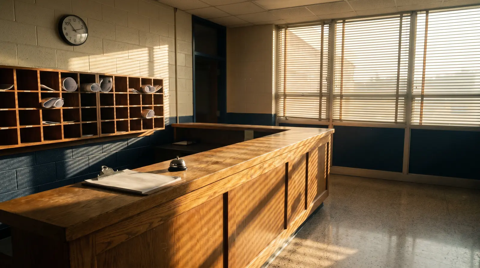 Main office front counter in morning light: sign-in clipboard, counter bell, teacher mailboxes behind.